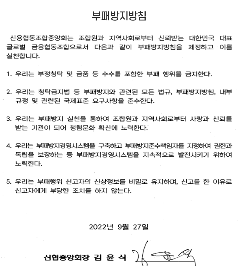 신협협동조합 중앙회는 조합원과 지역사회로부터 신뢰받는 대한민국 대표 글로벌 금융협동조합으로서 다음과 같이 부패방지 지침을 제정하고 이를 실천합니다. 
1. 우리는 부정청탁 및 금품수수를 포함한 부패 행위를 금지한다. 
2. 우리는 청탁금지법 등 부패방지와 관련된 모든 법규, 부패방지방침, 내부 규정 및 국제표준 요구사항을 준수한다 . 
3. 우리는 부패방지 실천을 통하여 조합원과 지역사회로부터 사랑과 신뢰를 받는 기관이 되어 청렴문화 확산에 노력한다.
4. 우리는 부패방지경영시스템을 구축하고 부패방지준수책임자를 지정하여 권한과 독립을 보장하는 등 부패방지경영시스템을 지속적으로 발전시키기 위하여 노력한다. 
5. 우리는 부패행위 신고자의 신상정보를 비밀로 유지하며, 신고를 한 이유로 신고자에게 부당한 조치를 하지 않는다. 2022년 9월 27일 신협중앙회장 김윤식
