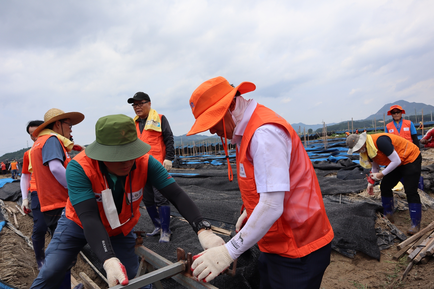김윤식 신협중앙회장 및 신협 임직원 들이 충남 금산군 일대를 찾아 수해복구 지원할동 및 긴급 구호물자전달을 하고 있는 사진