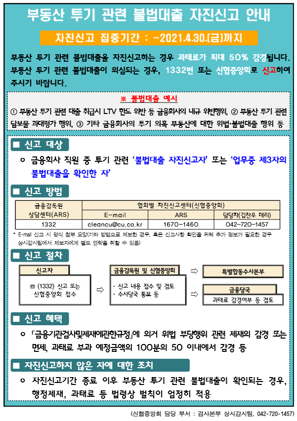 부동산 투기 관련 불법대출 자진신고 안내