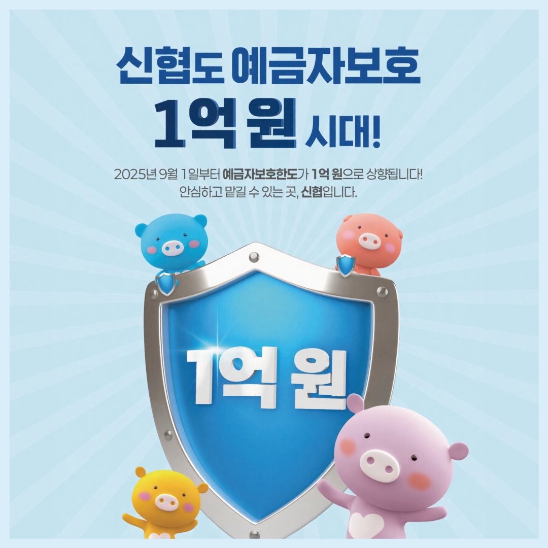 신협도 예금자보호 1억 원 시대!
2025년 9월 1일부터 예금자보호한도가 1억 원으로 상향됩니다!
안심하고 맡길 수 있는 곳, 신협입니다.